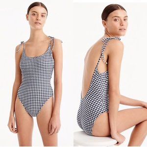 J. Crew Blue White Tie Shoulder Gingham Swimsuit 8